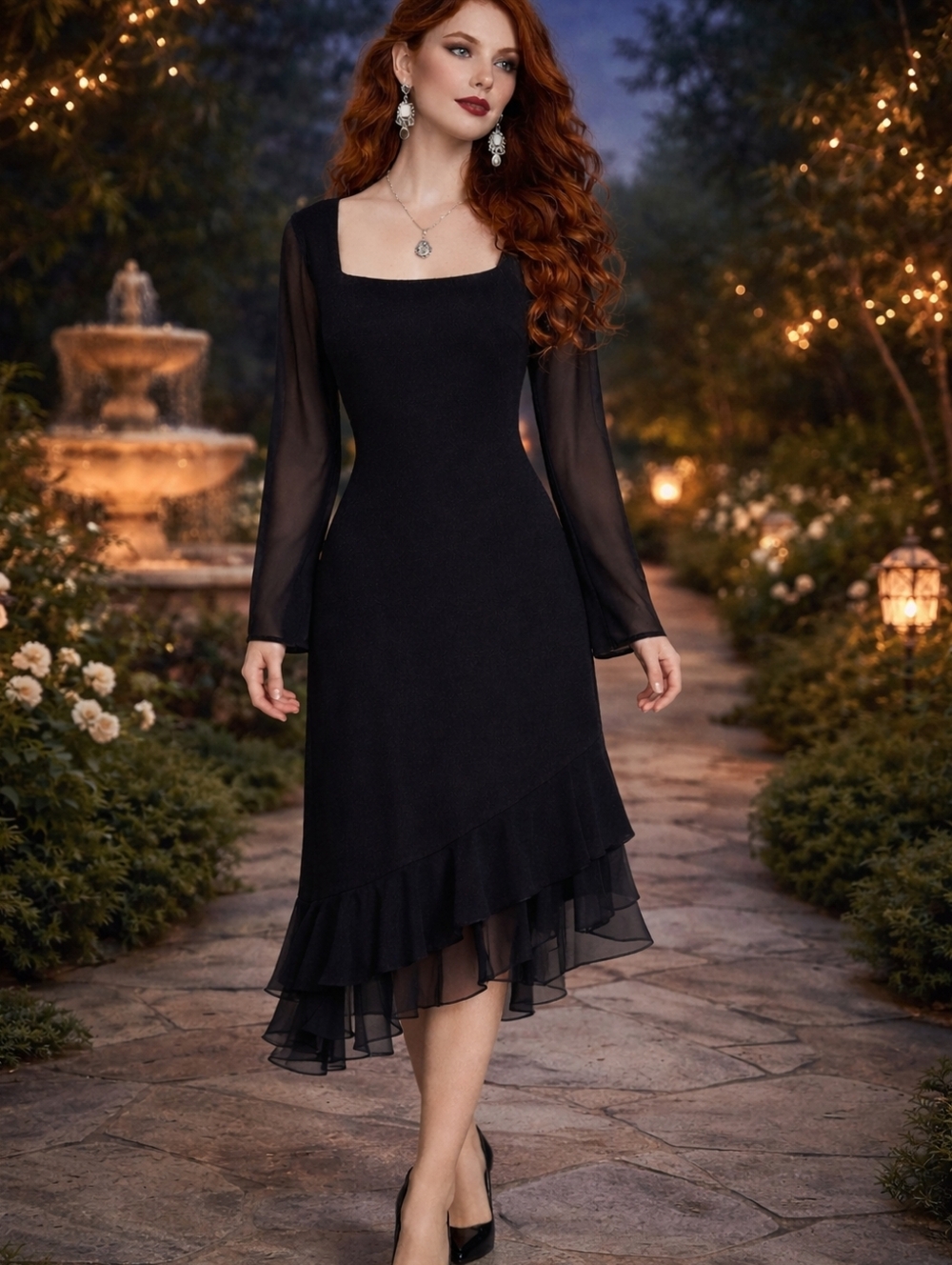 Vtg 80s Bob Makie Coquette Black Sheer Ruffle Asymmetrical Hem Event Dress 4P